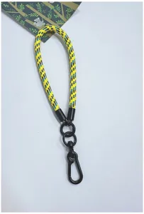Detail view of thick yellow braided phone wrist strap with black metal carabiner