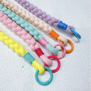 Colorful handmade braided phone lanyard wrist straps with round carabiner clips set