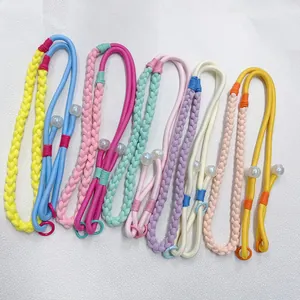 Colorful handmade woven crossbody phone lanyard strap with decorative pearl accents