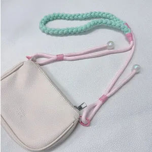 Hand-woven dopamine style colorful phone lanyard crossbody bag strap in pink and green