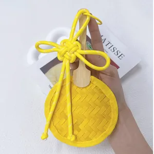Handmade yellow bamboo woven fan pendant with decorative Chinese knot for bag charm