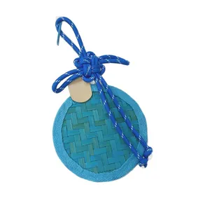 Handmade blue bamboo woven fan pendant with decorative Chinese knot for bags and gifts