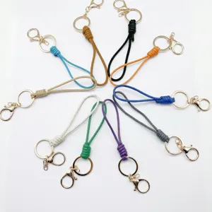 Colorful braided wax rope keychains with gold metal rings and lobster clasps set