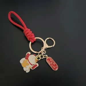 Handmade Woven Lucky Cat Keychain Chinese Blessing Charm Bag Pendant Key Ring For Women Men Lucky Charm Gift