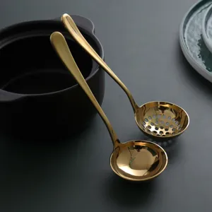 Premium golden 304 stainless steel soup ladle and slotted spoon set with mirror finish
