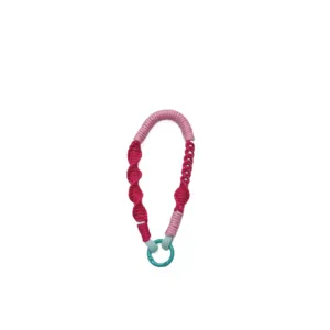 Handmade woven multi-purpose phone lanyard in pink and magenta with teal circular clip
