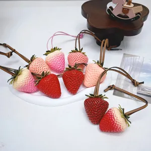 Simulation 3D Strawberry Bag Charm Large Fruit Resin Pendant With Leather Strap Cute Sweet Women Bag Accessories Decoration