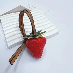 Realistic 3D strawberry bag charm with high quality brown leather strap accessory
