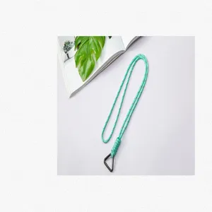 Detail of hand-woven mint green paracord lanyard with black triangular metal hook