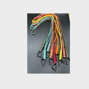 Detailed view of colorful hand-woven paracord lanyards with triangular clips