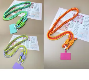 Detail showing variety of colorful handmade braided phone lanyards in a collage