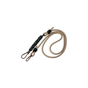 Durable khaki paracord phone lanyard with dual metal carabiners for crossbody neck wear.