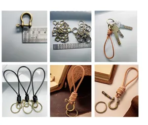 Detailed view of hand-woven leather keychains and vintage alloy horseshoe buckles.