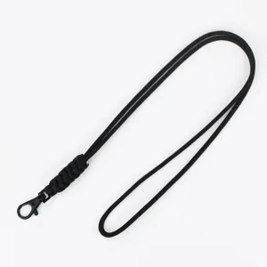 Hand-woven black neck lanyard with durable metal hook for ID cards and keys.