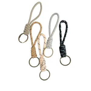 Handmade minimalist braided rope keychains set in various colors with metal rings