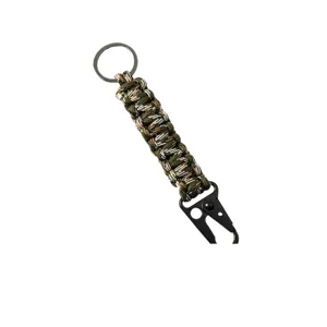 Hand-woven camouflage paracord keychain with durable black eagle beak metal hook