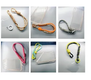 Detailed view of assorted colorful braided phone wrist straps with transparent tabs