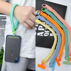 Colorful braided phone wrist strap lanyard with multi-color options on wrist