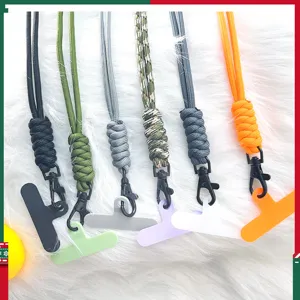 Six colorful paracord phone lanyards with anti-lost neck straps and ID card holder pads.
