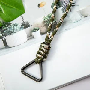 Durable braided paracord wrist lanyard with sturdy triangle metal hook in camo green