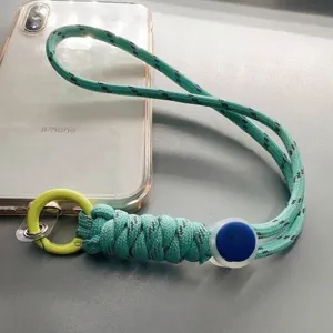 Universal teal braided phone lanyard wrist strap with yellow ring hook