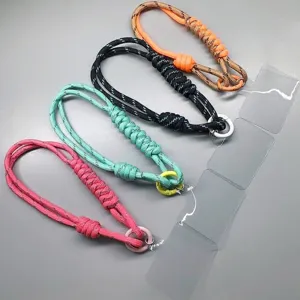 Handmade woven paracord phone wrist straps in various colors with clear gaskets and rings