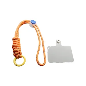 Adjustable orange braided phone lanyard set with grey patch and yellow ring hook