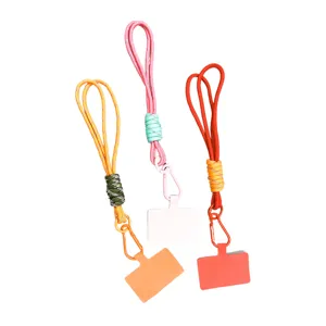 Hand-woven colorful phone lanyards with metal carabiners and patches in vibrant colors