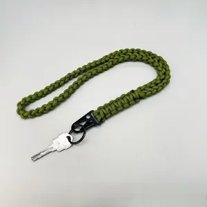 Heavy duty olive green braided paracord neck lanyard with black metal key clasp.