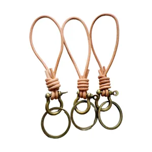 Handmade genuine leather rope keychain with antique brass alloy horseshoe buckle set of 3