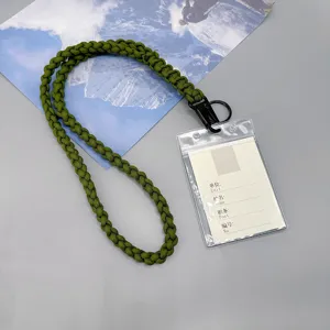 Professional heavy-duty olive green paracord neck lanyard with metal clip and clear ID holder.