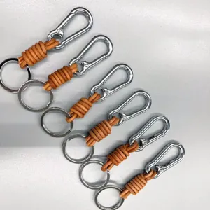 Handmade retro carabiner keychains with braided leather cord and silver-tone alloy rings