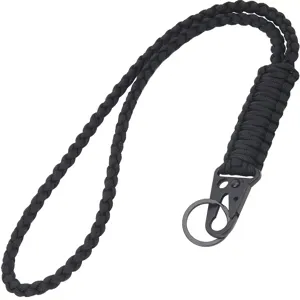 Heavy-duty black braided paracord neck lanyard with a metal clasp and key ring.