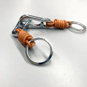 Vintage carabiner keychain with handmade braided cowhide leather cord and metal ring