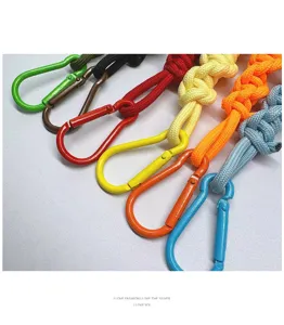 Detail of colorful handmade braided rope straps with matching metal carabiner clips