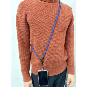 Blue long crossbody phone lanyard with thick braided rope for hands-free use