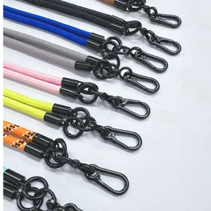 Multi-colored thick braided crossbody phone lanyards with durable black metal clasps.