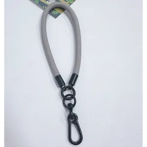 Detailed view of a thick gray braided phone wrist strap featuring a sturdy black metal hook