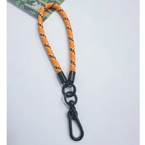 Durable orange braided phone wrist strap with heavy-duty black metal clasp