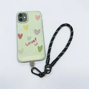 Durable black and white braided thick phone lanyard wrist strap with secure metal clips