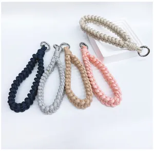 Hand-woven braided wrist strap lanyards in five different colors with metal ring.