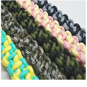 Macro detail of hand-woven multi-color outdoor survival 7-strand paracord bracelets