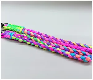 Macro view of heavy duty braided colorful paracord lanyard for outdoor survival keychain