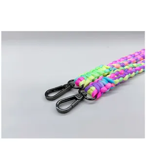 Detail view of heavy-duty braided colorful paracord lanyards with metal clasps