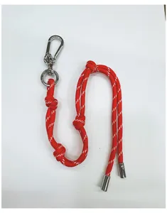 Red braided rope bag charm with silver carabiner clasp and decorative knots