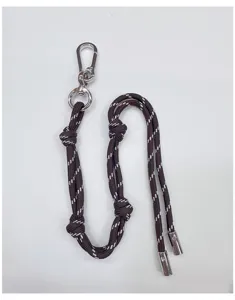 Close-up of brown woven rope lanyard with silver carabiner and decorative knots