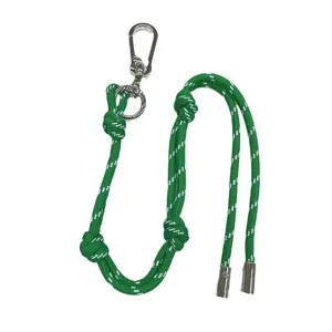 Adjustable green braided rope keychain with silver metal carabiner for bag charms