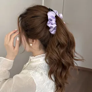 Korean style purple satin pleated banana clip shown in a high ponytail hairstyle