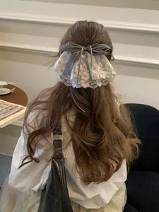 Vue arrière d'un mannequin portant un grand nœud gris avec des détails en dentelle rose.
