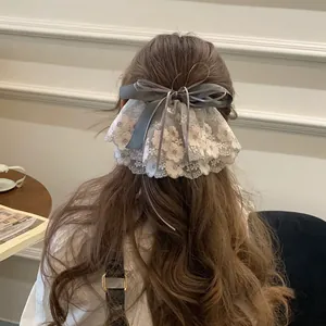 Grande Pince à Cheveux Nœud Ruban Gris Doux Style Coréen Broderie Dentelle Rose Pince à Ressort pour Femme Accessoires